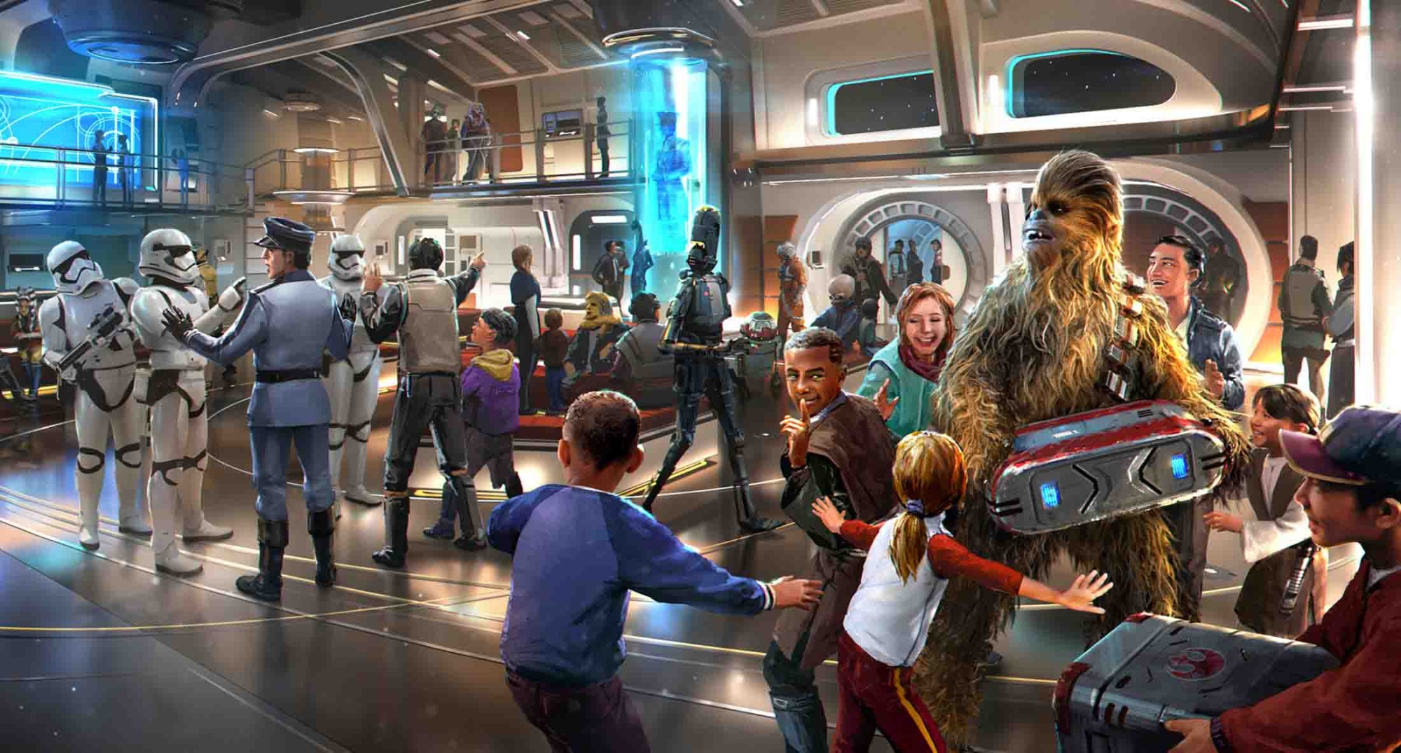 Guests will step into a bustling atrium when they arrive aboard Star Wars: Galactic Starcruiser