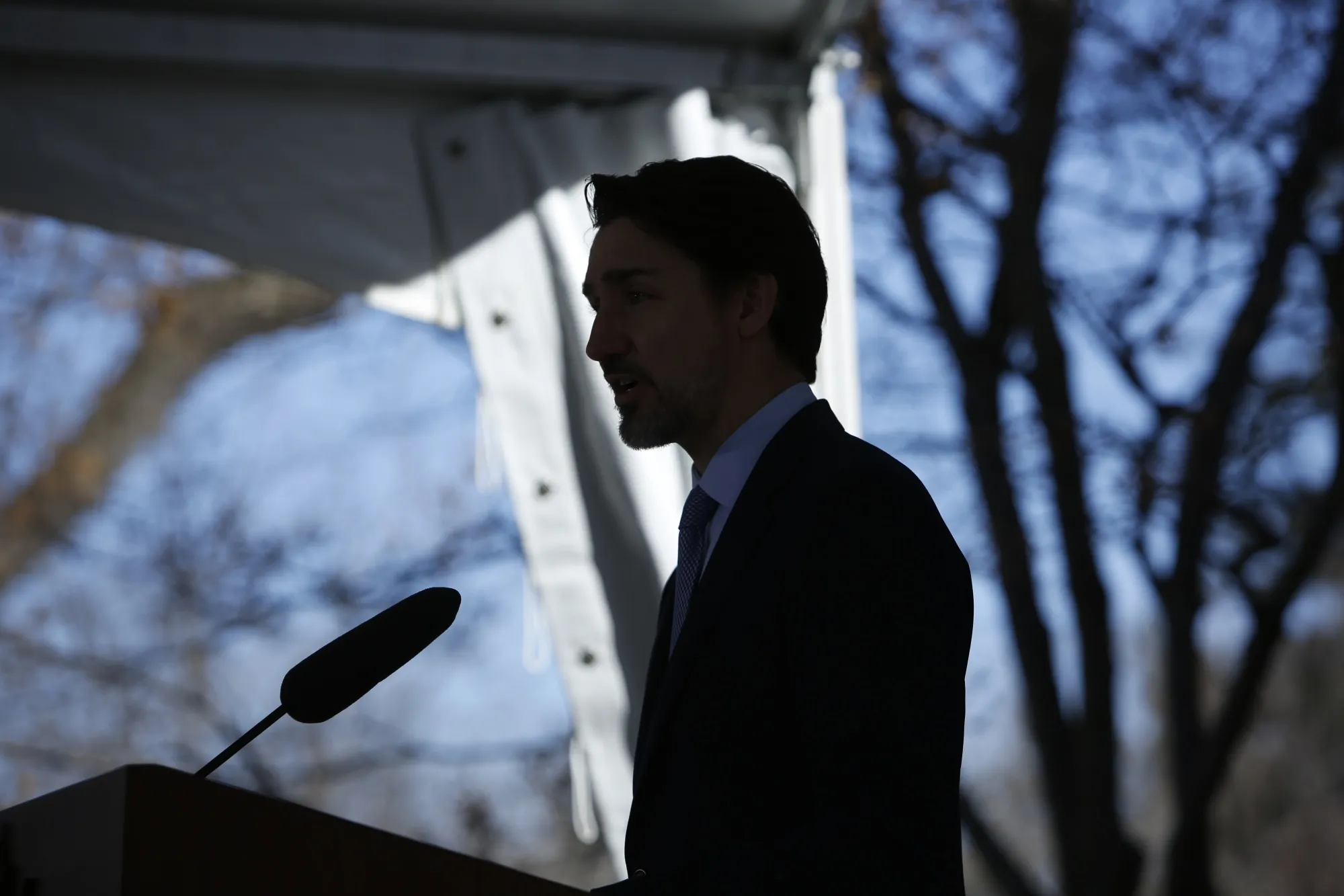 Justin Trudeau speaks outside his residence in Ottawa on March 18, 2020.