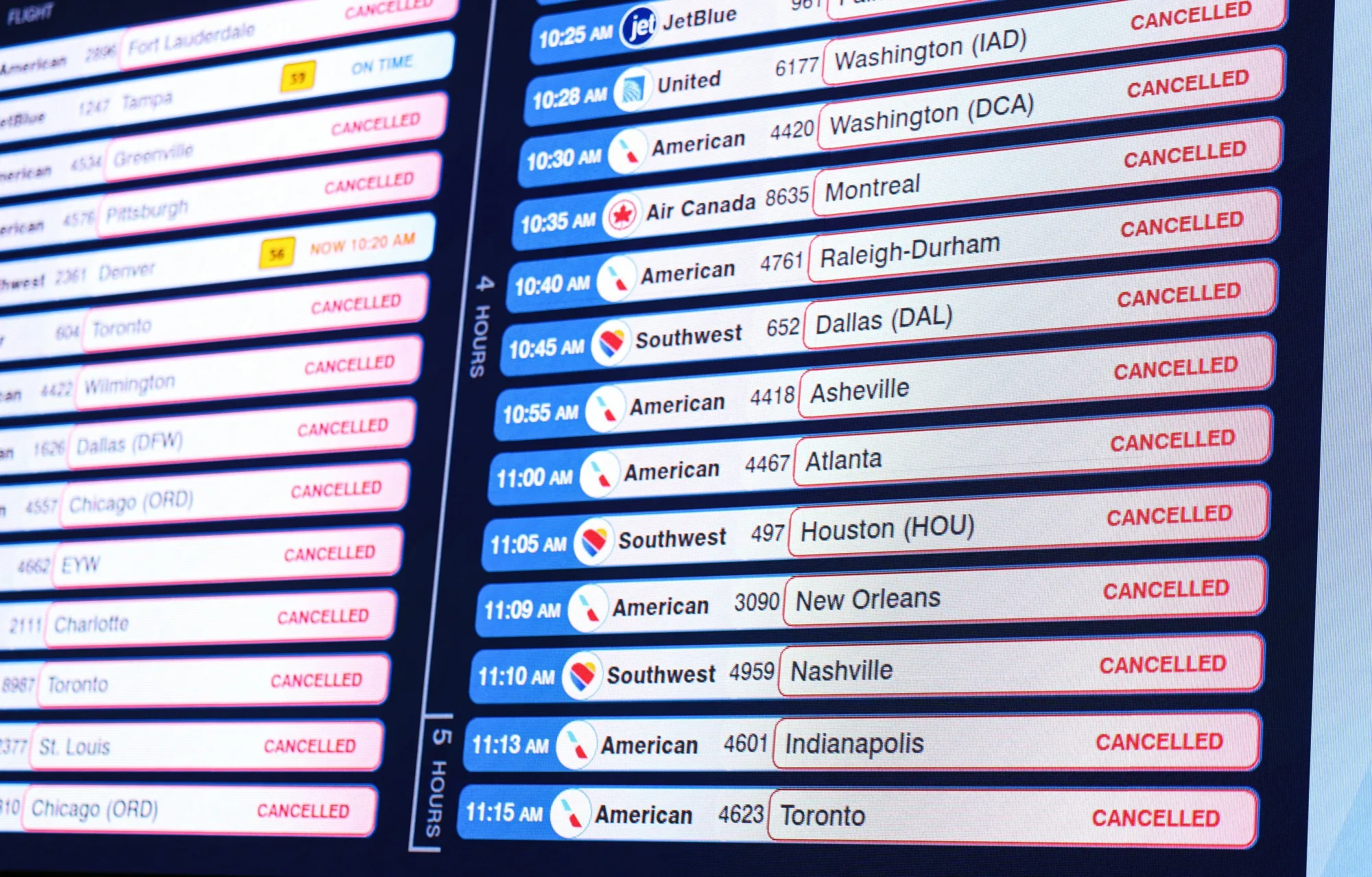 A flight information board at LaGuardia airport in New York on Jan. 25.