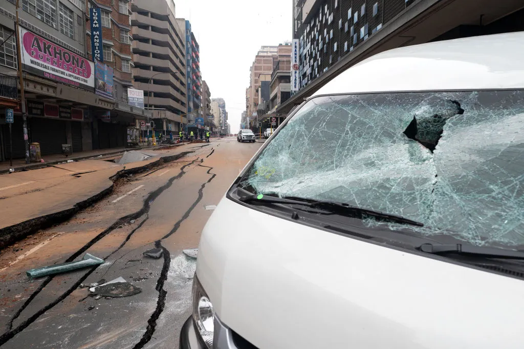 A damaged road after the blast in Johannesburg on July 20.