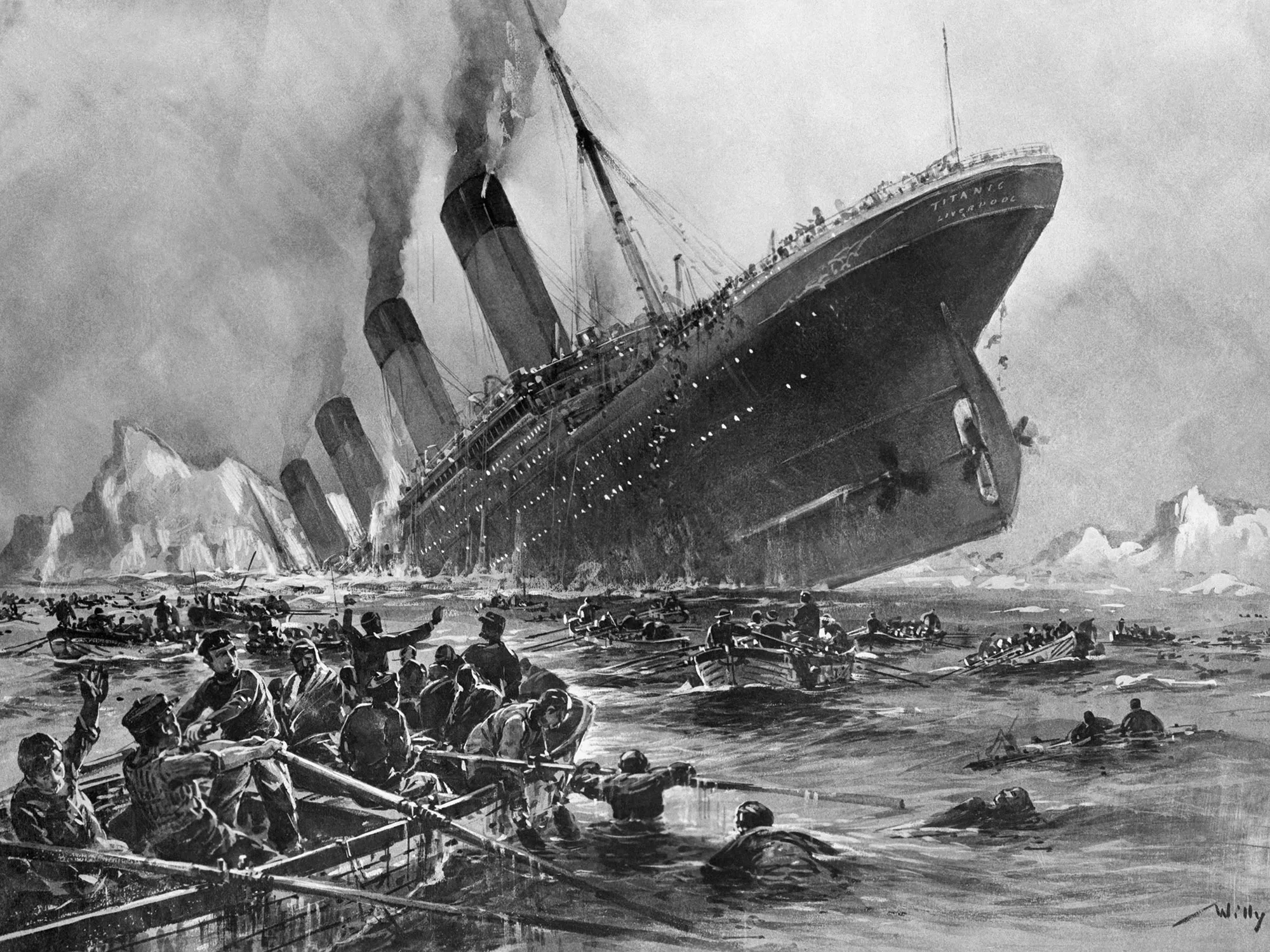 This terrible scene, painted by German artist Willy Stoewer, depicts the sinking of the Titanic.