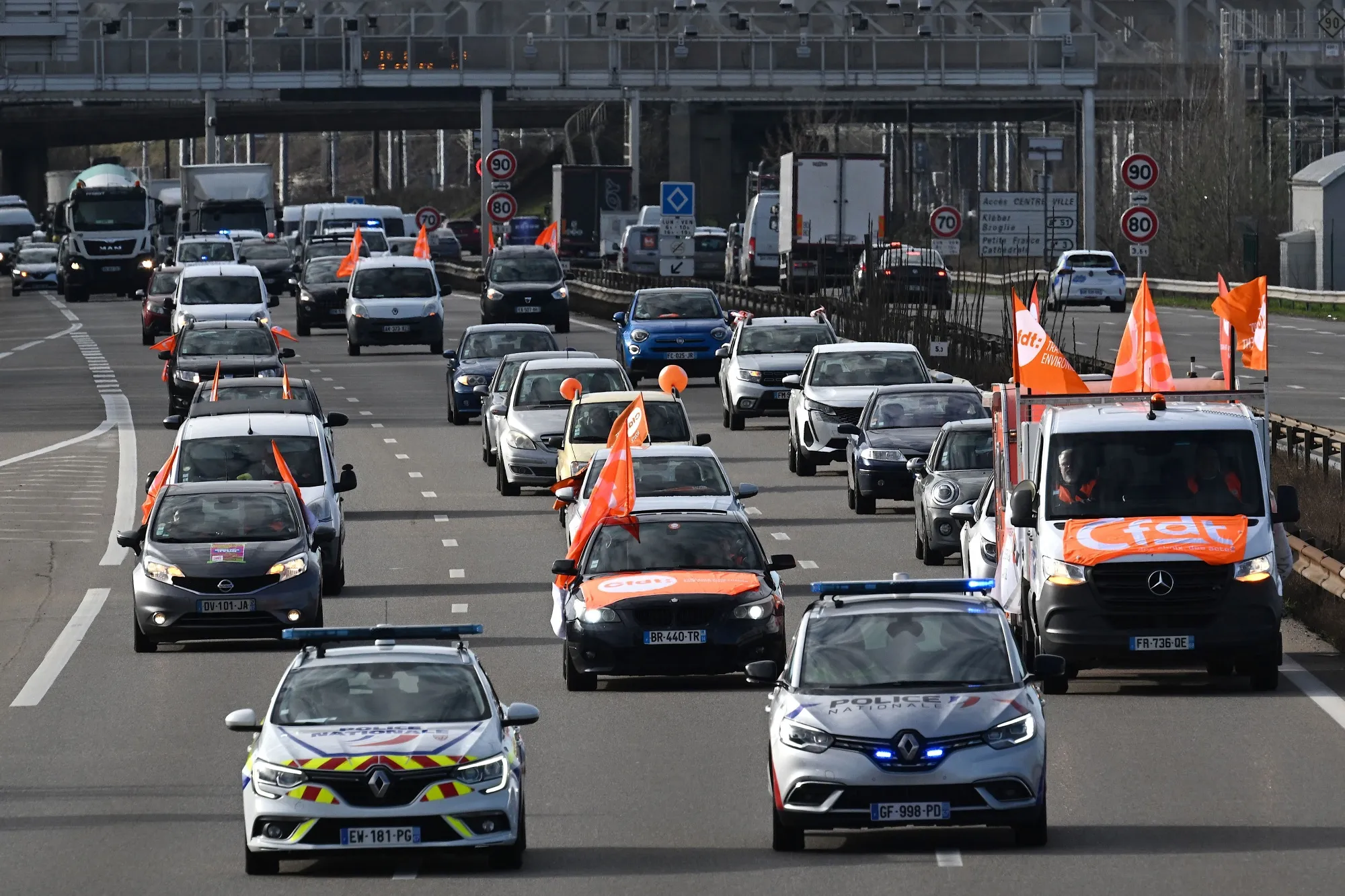 French&nbsp;unionists slow down traffic&nbsp;in Strasbourg on March 15.