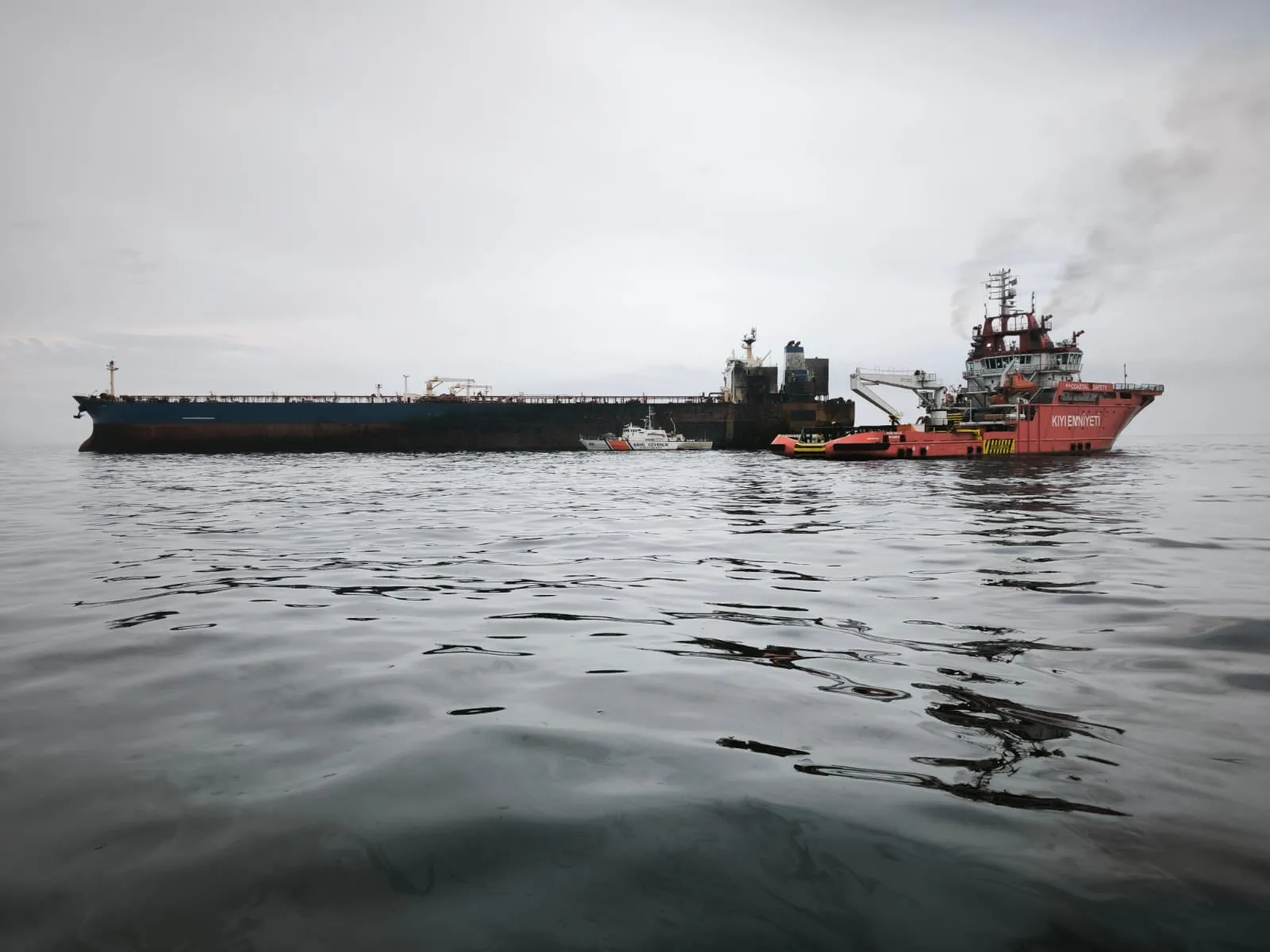 The fire-damaged sanctioned Kairos tanker in the Black Sea, in a photo released by the Turkish Ministry of Transport on Nov. 30.