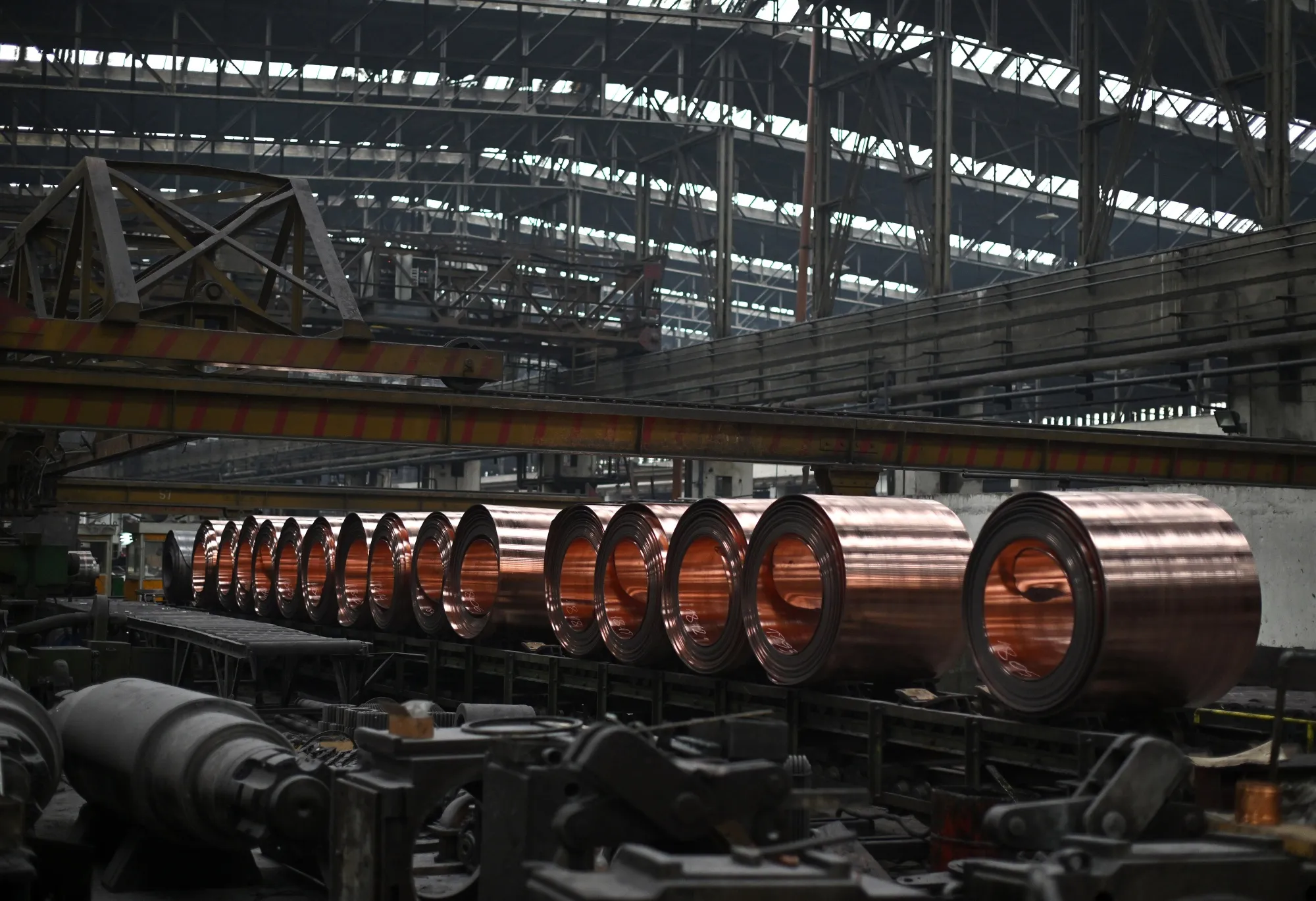 Rolls of copper sheet at a mill in Sevojno, Serbia.