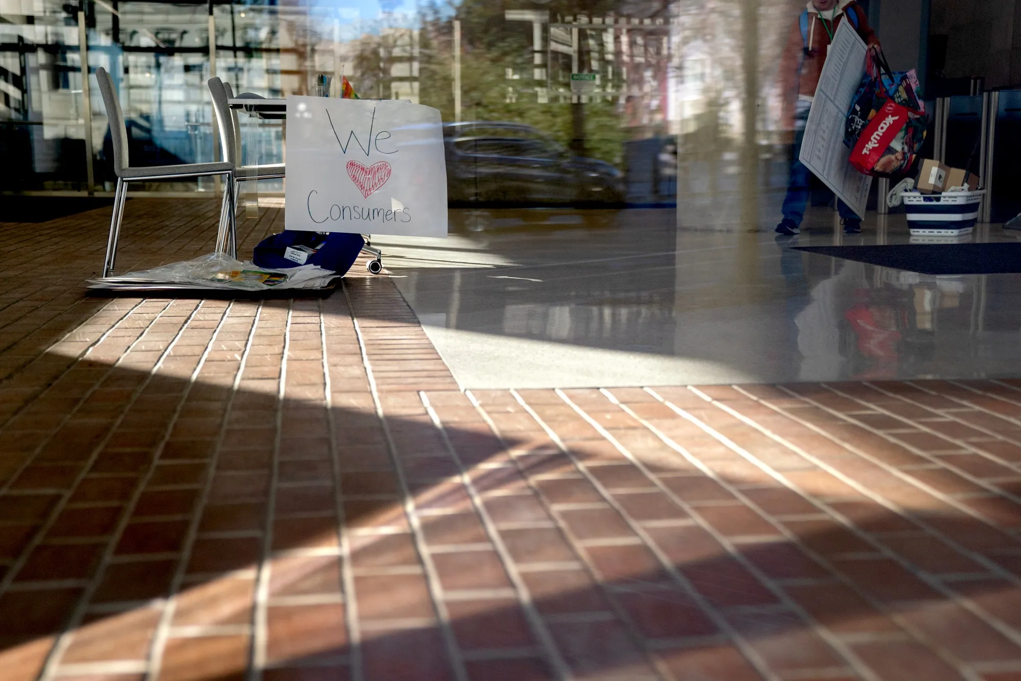 The lobby of the US Consumer Financial Protection Bureau headquarters as a worker removes belongings from the building in Washington on Feb. 9. 