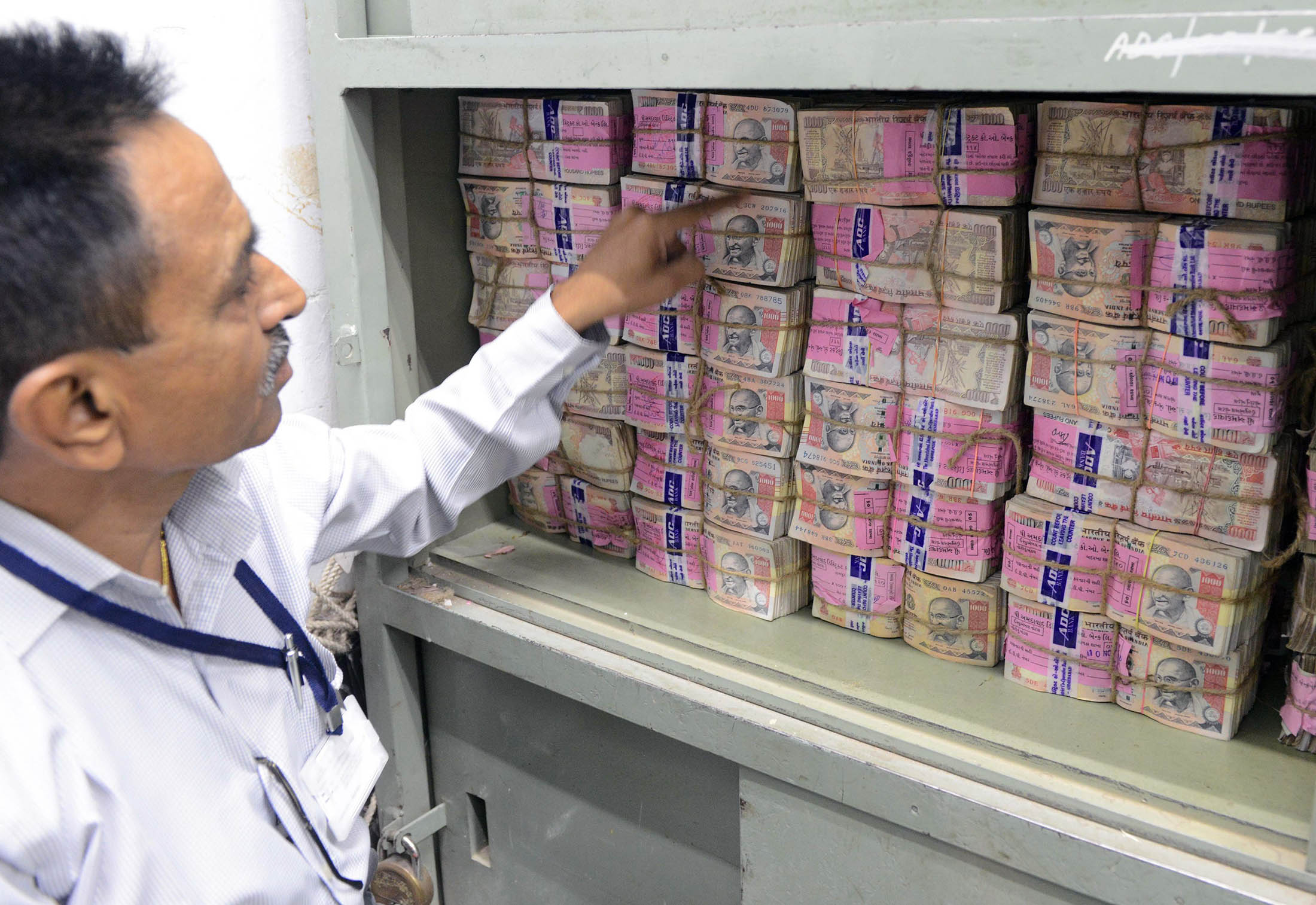 A pile of 1000 rupee notes in a bank vault in Ahmedabad on Nov. 11.
