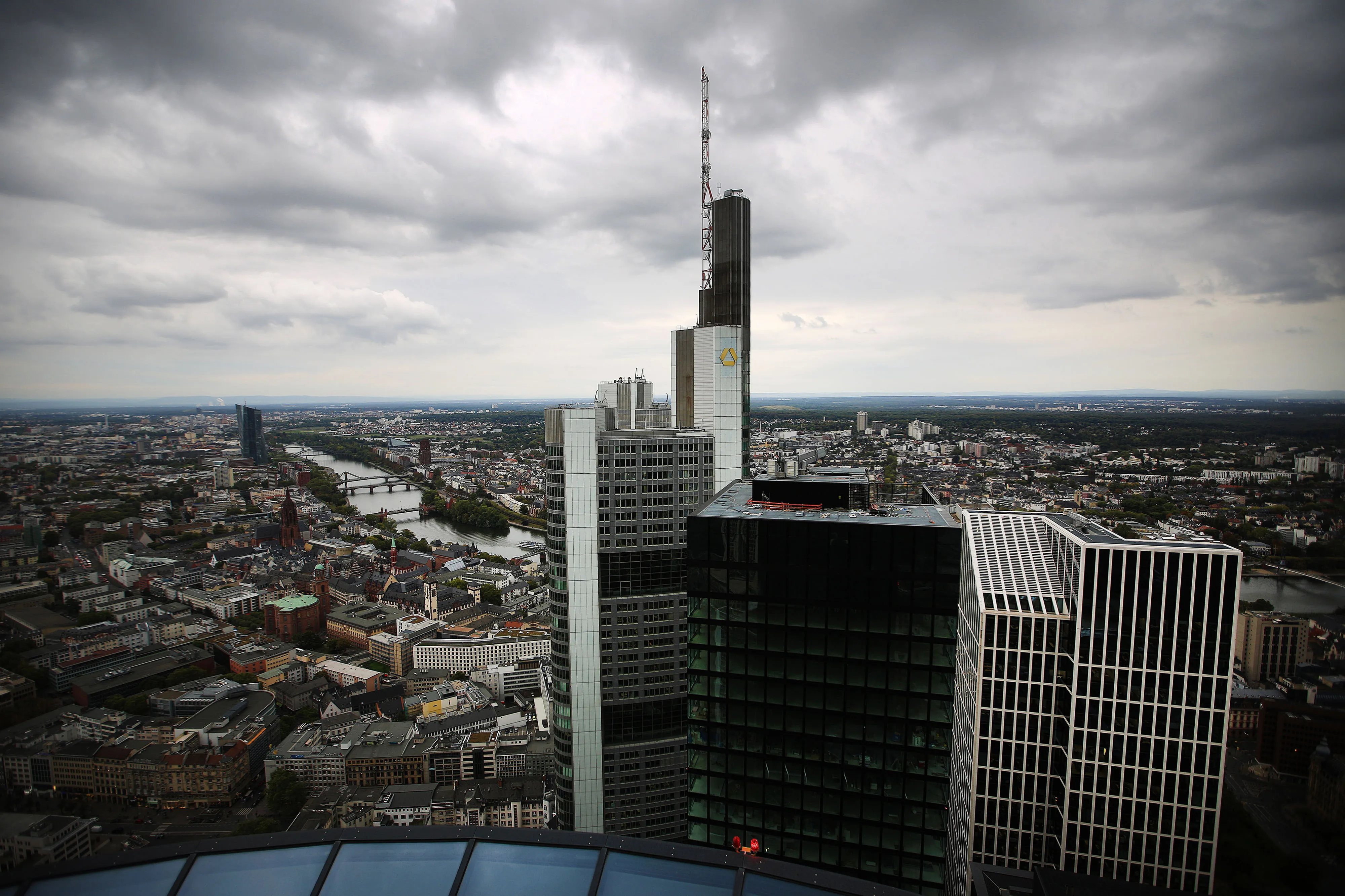 The Commerzbank AG headquarters on the skyline in Frankfurt.&nbsp;