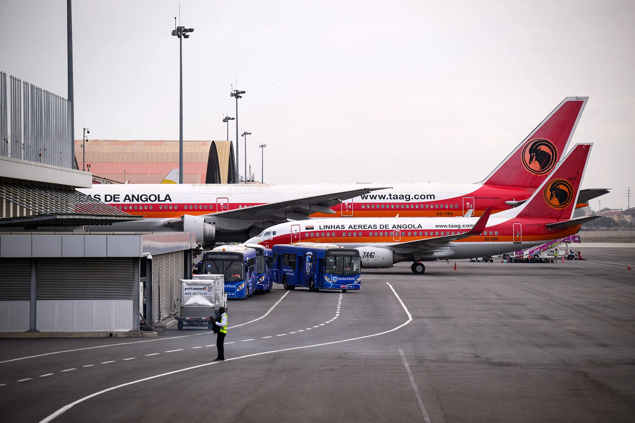 TAAG Linhas Aereas de Angola planes on the tarmac at Quatro de Fevereiro International Airport in Luanda, Angola.