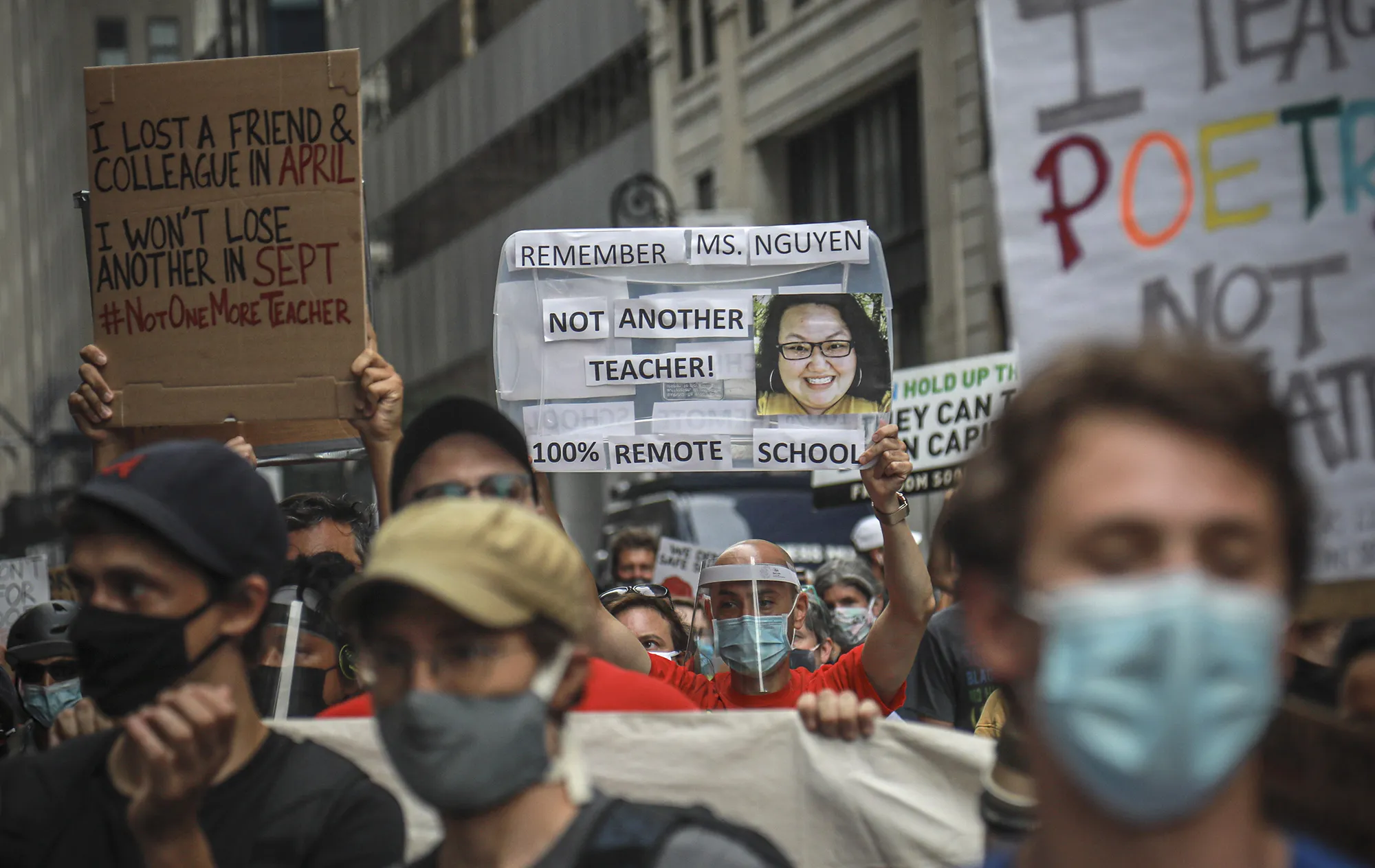 A coalition of teachers, students, and families protest during a rally called National Day of Resistance Against Unsafe School Reopening Opening, in New York, on Aug. 3.