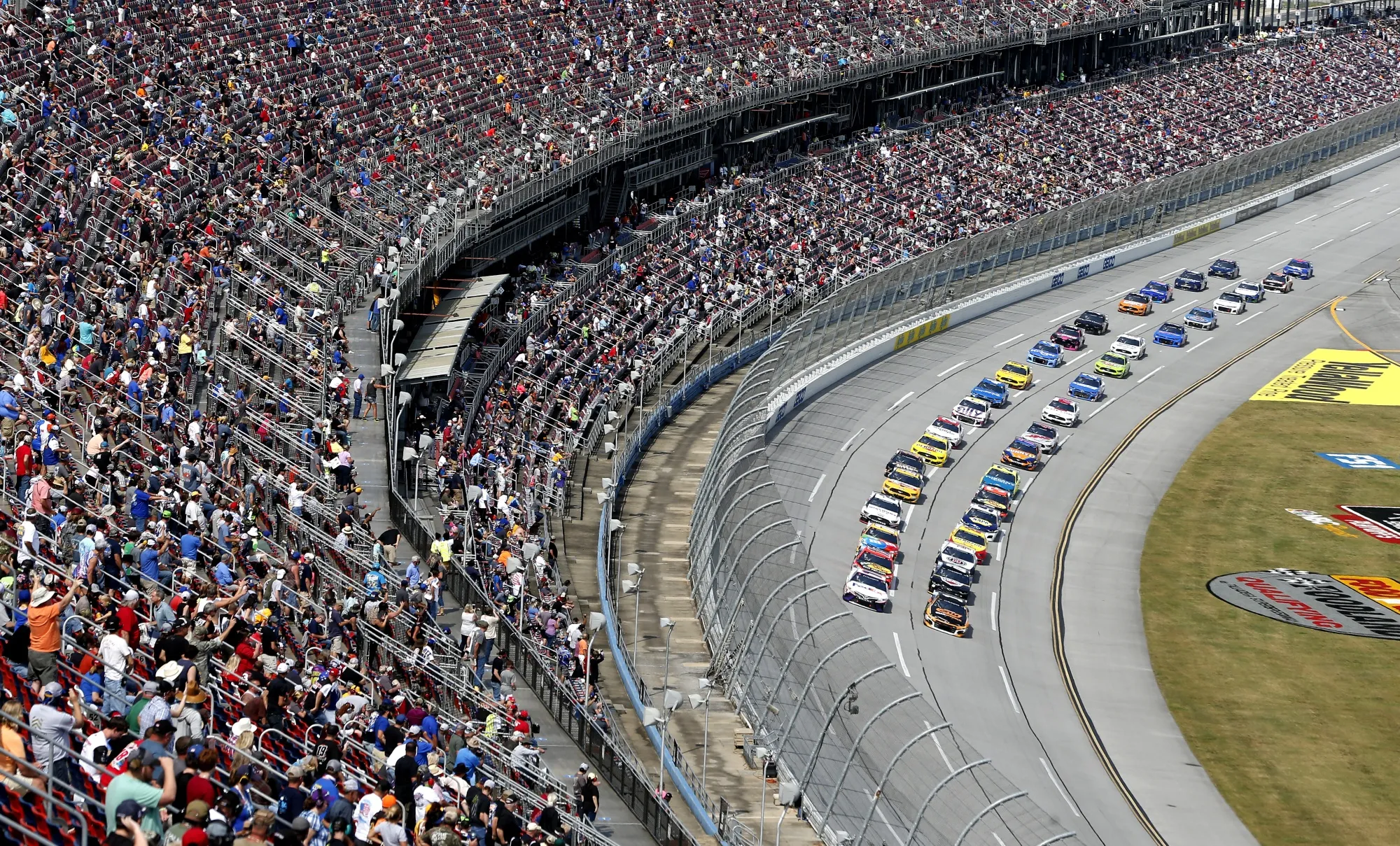 Fans cheer during the NASCAR Cup Series YellaWood 500 in Talladega, Alabama.