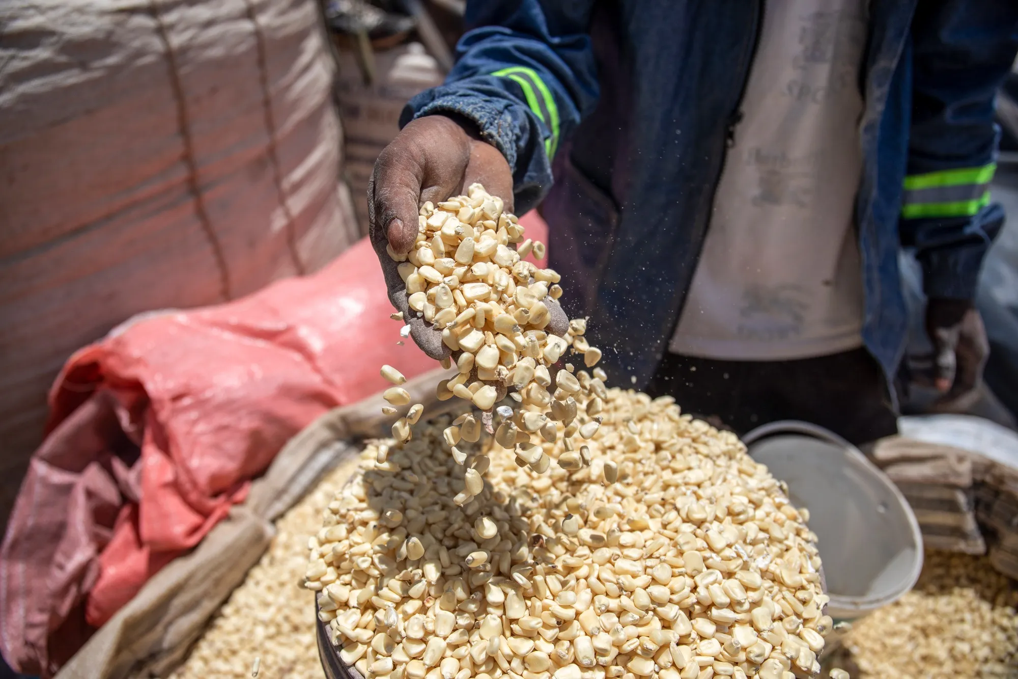 A vendor handles corn grain for sale at a market in the Mbare district of Harare, Zimbabwe, in&nbsp;March.&nbsp;