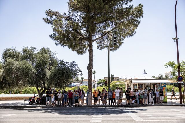 Tourists stand on the paseo de Cristóbal Colón in Seville on a hot July day