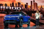 Mary Barra speaks next to the new&nbsp;Chevrolet Silverado EV at CES 2022.&nbsp;