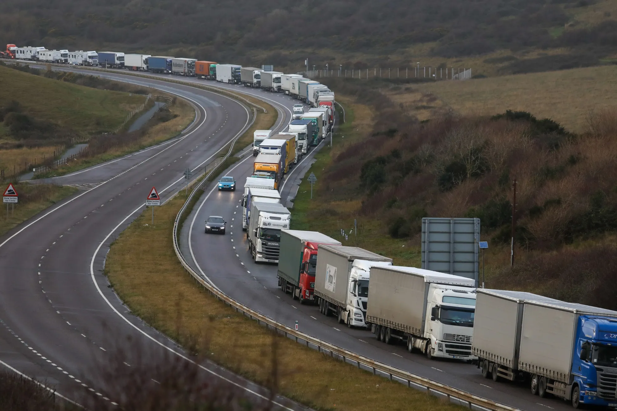 Trucks queue to enter the Port of Dover on Dec. 11.