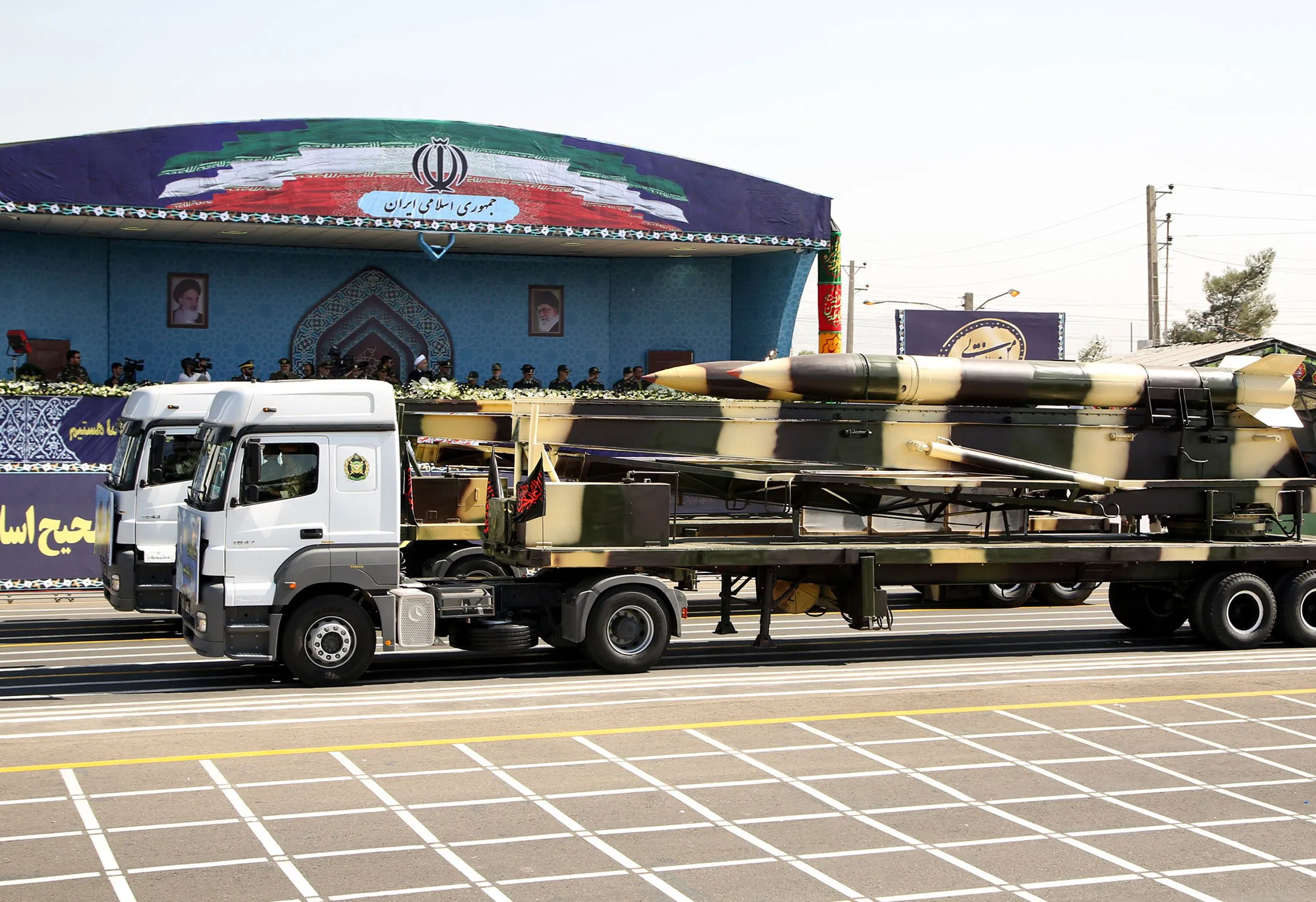 Rigs carry ballistic missiles during a military parade in front of former Supreme Leader of Iran, Ali Khamenei's shrine due to the Sacred Defence Week in Tehran, Iran on Sept. 22.
