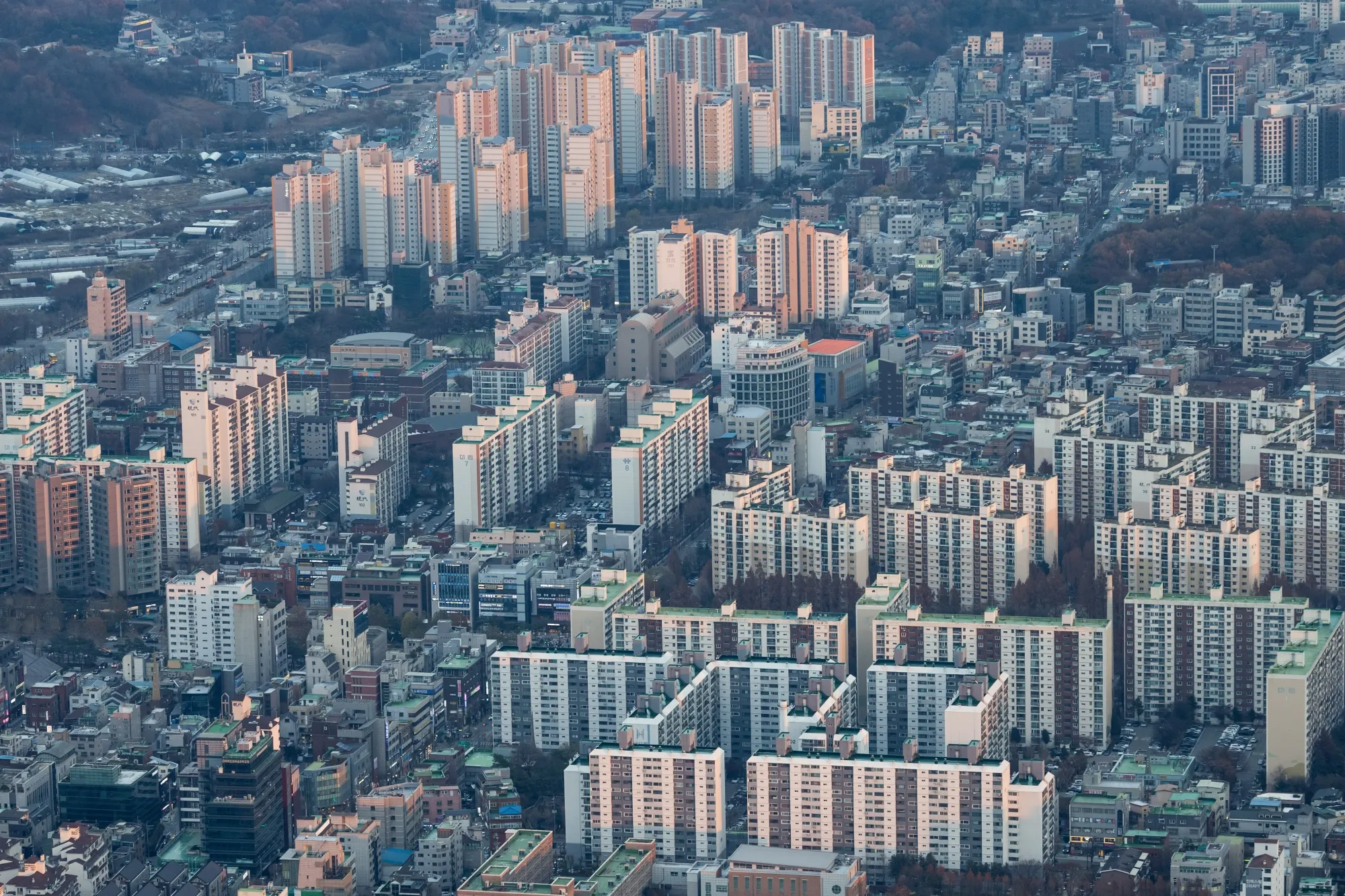 Residential apartment buildings seen from the rooftop of the Lotte Corp. World Tower in Seoul.