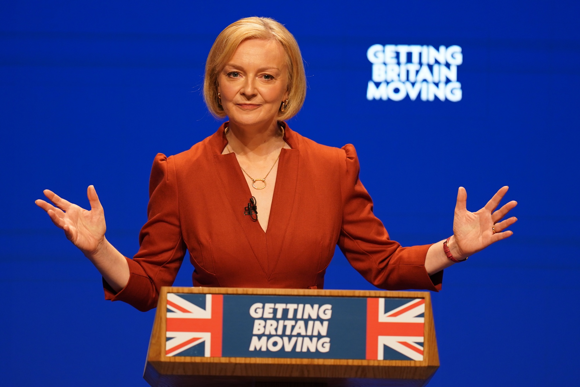Prime Minister Liz Truss delivers her keynote speech at the Conservative Party annual conference at the International Convention Centre in Birmingham on Oct. 5.