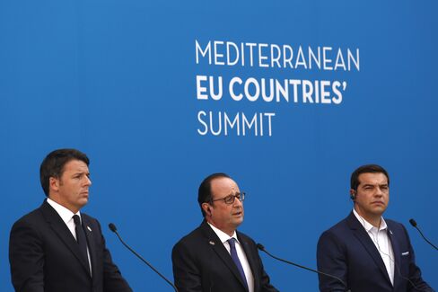 Matteo Renzi, Francois Hollande and Alexis Tsipras at the summit on Sept. 9.