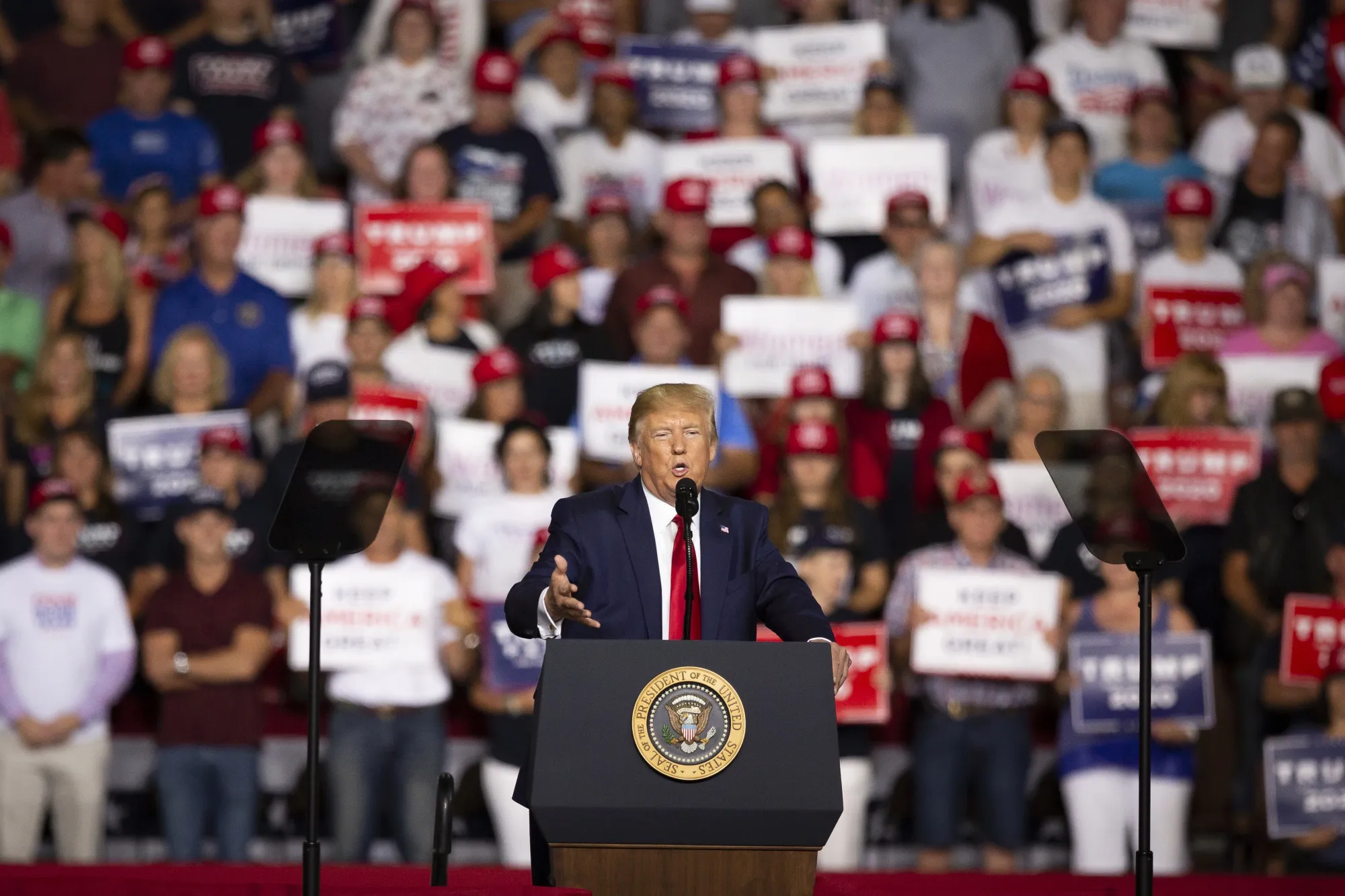 Donald Trump speaks during a rally in Manchester, New Hampshire on&nbsp;Aug. 15, 2019.&nbsp;