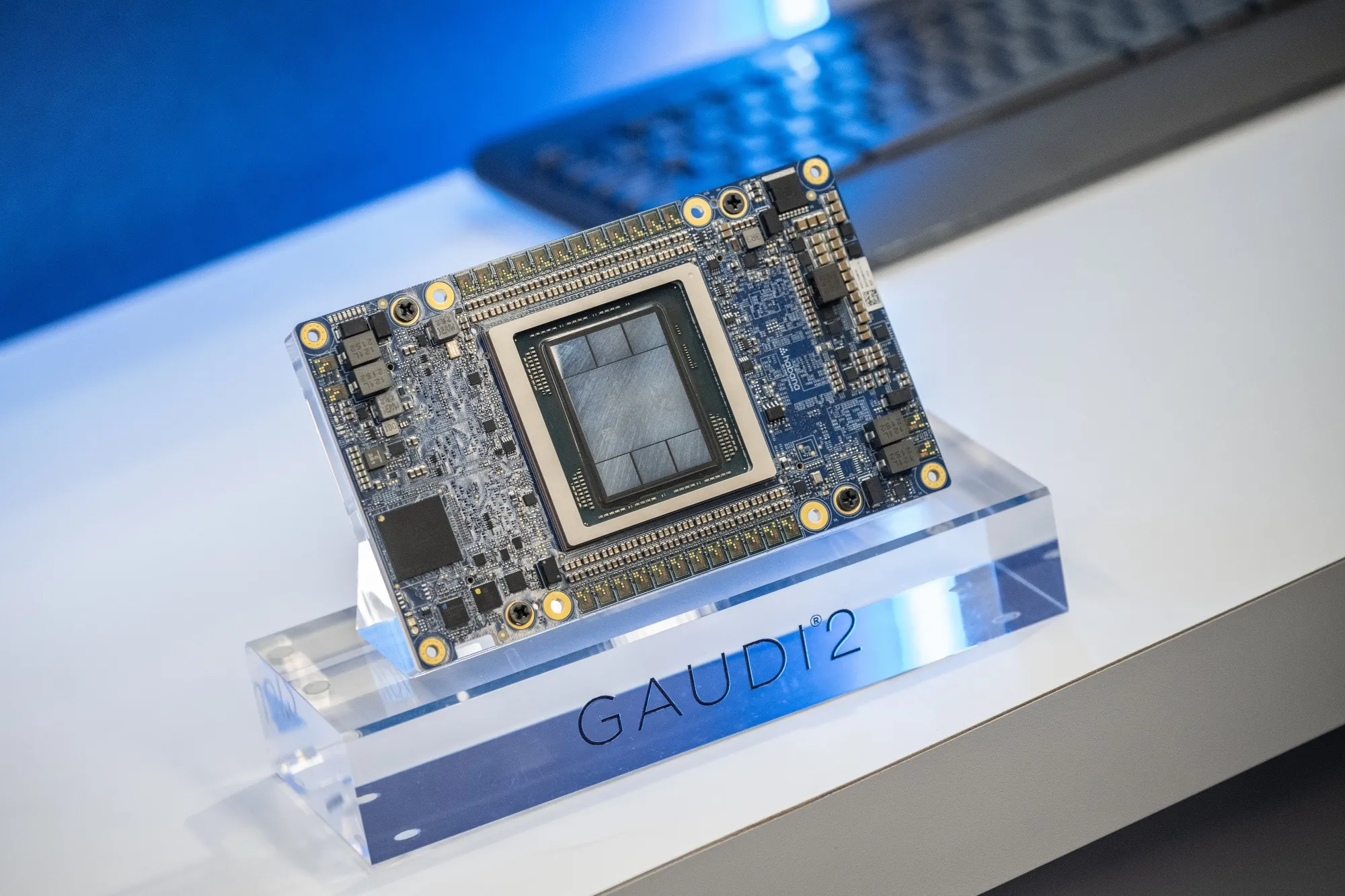 An Intel Gaudi2 AI accelerator during the Intel AI Everywhere launch event in New York on&nbsp;Dec. 14, 2023.
