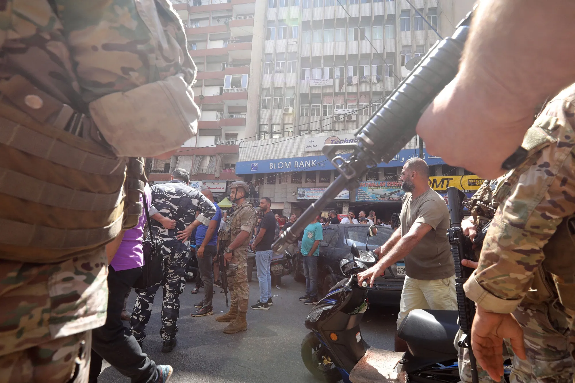 Security forces outside&nbsp;a bank branch following an incident where a depositor stormed the bank demanding to withdraw their frozen savings, in Beirut, Lebanon, on Sept. 16.&nbsp;