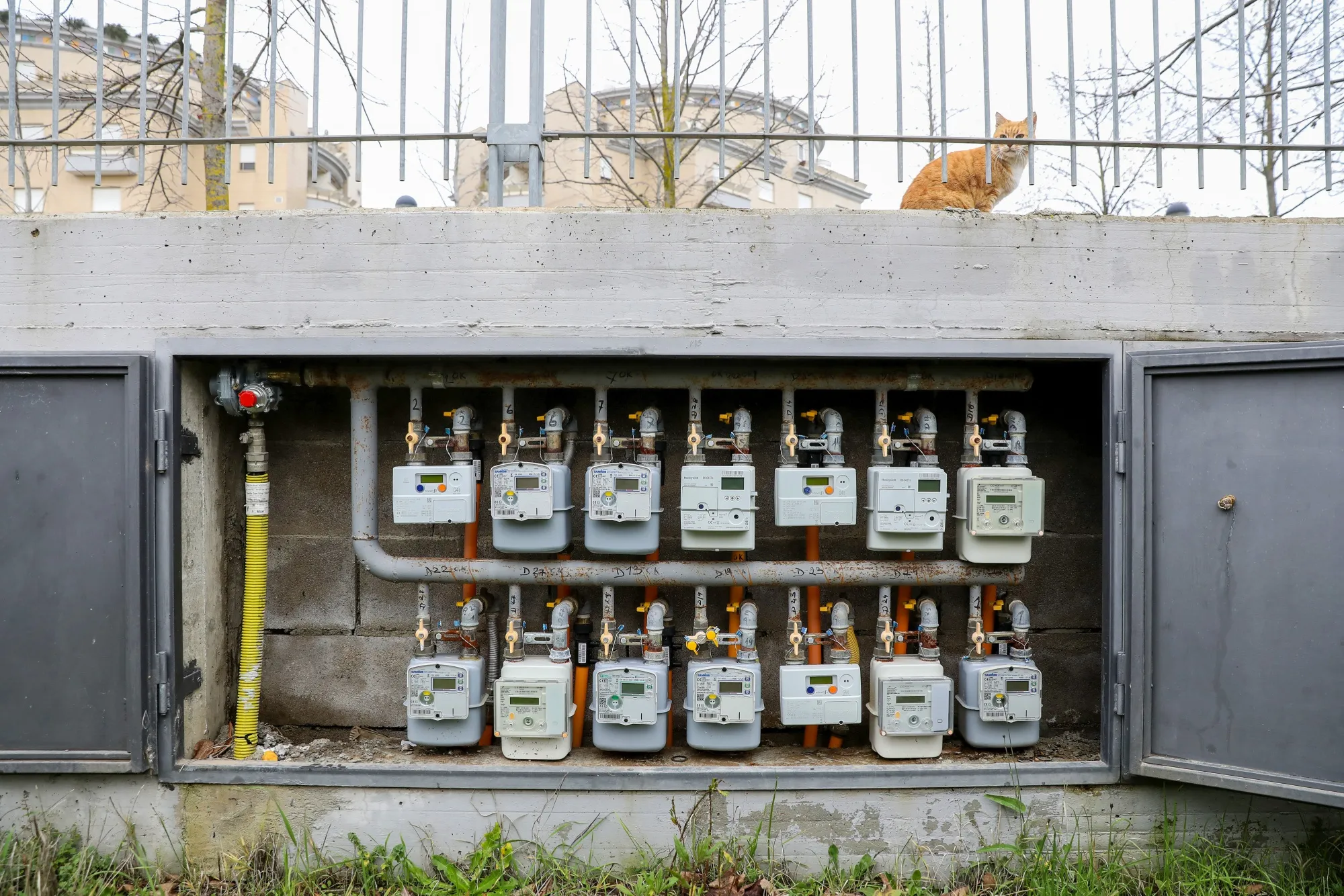 Gas meters outside residential buildings in Rome, on&nbsp;Dec. 28, 2021.
