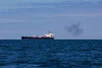 A puff of smoke blows away from the Nordic Luna, a Suezmax crude oil tanker operated by Nordic American Tankers Ltd.