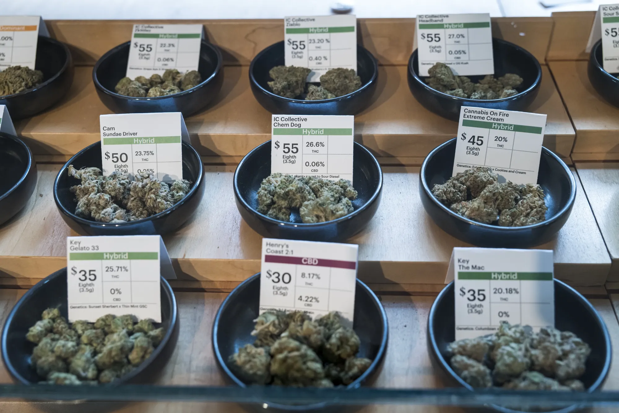 Different strains of cannabis are displayed for sale at the Harborside dispensary in Oakland, California, U.S., on Monday, March 23, 2020. California's shelter-in-place order vastly expands mandates put in place across the San Francisco Bay Area. It allows people in the most populous U.S. state to leave their homes for needed items like groceries and medicine, while otherwise requiring that they limit their social interactions.