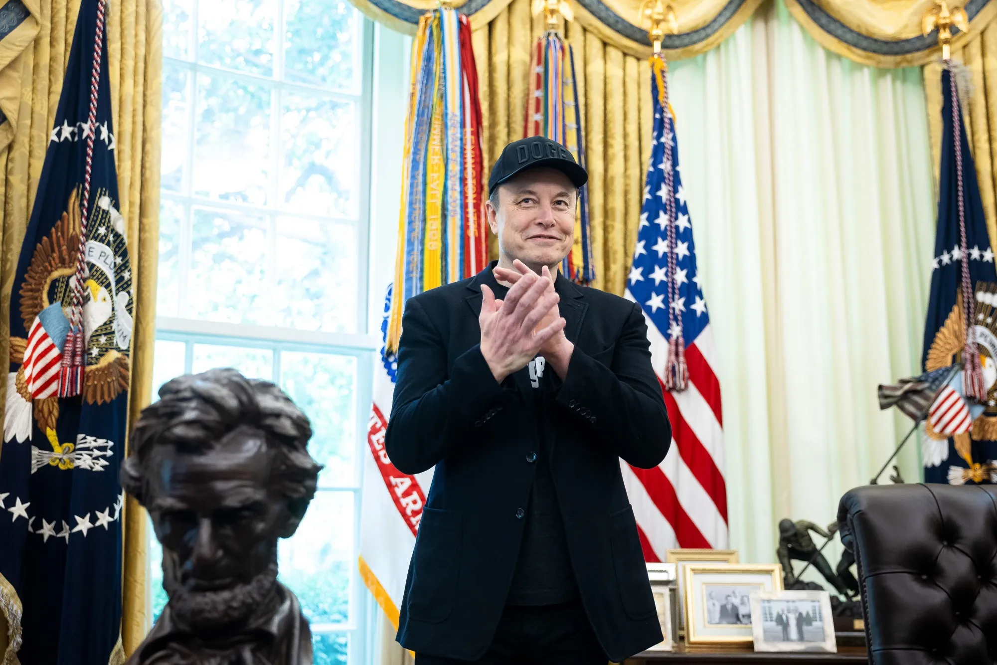 Elon Musk, chief executive officer of Tesla Inc., during a news conference in the Oval Office of the White House in Washington, DC.&nbsp;
