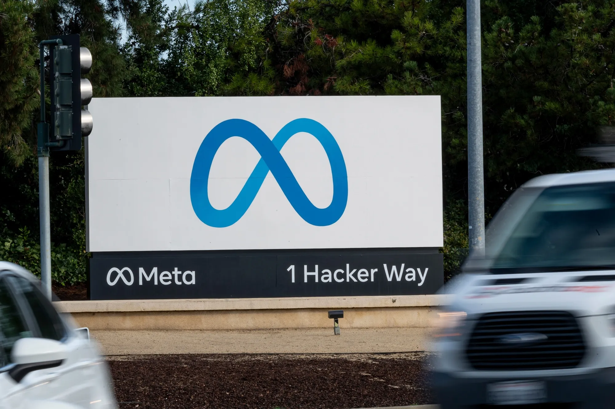 Signage outside Meta headquarters in Menlo Park, California.
