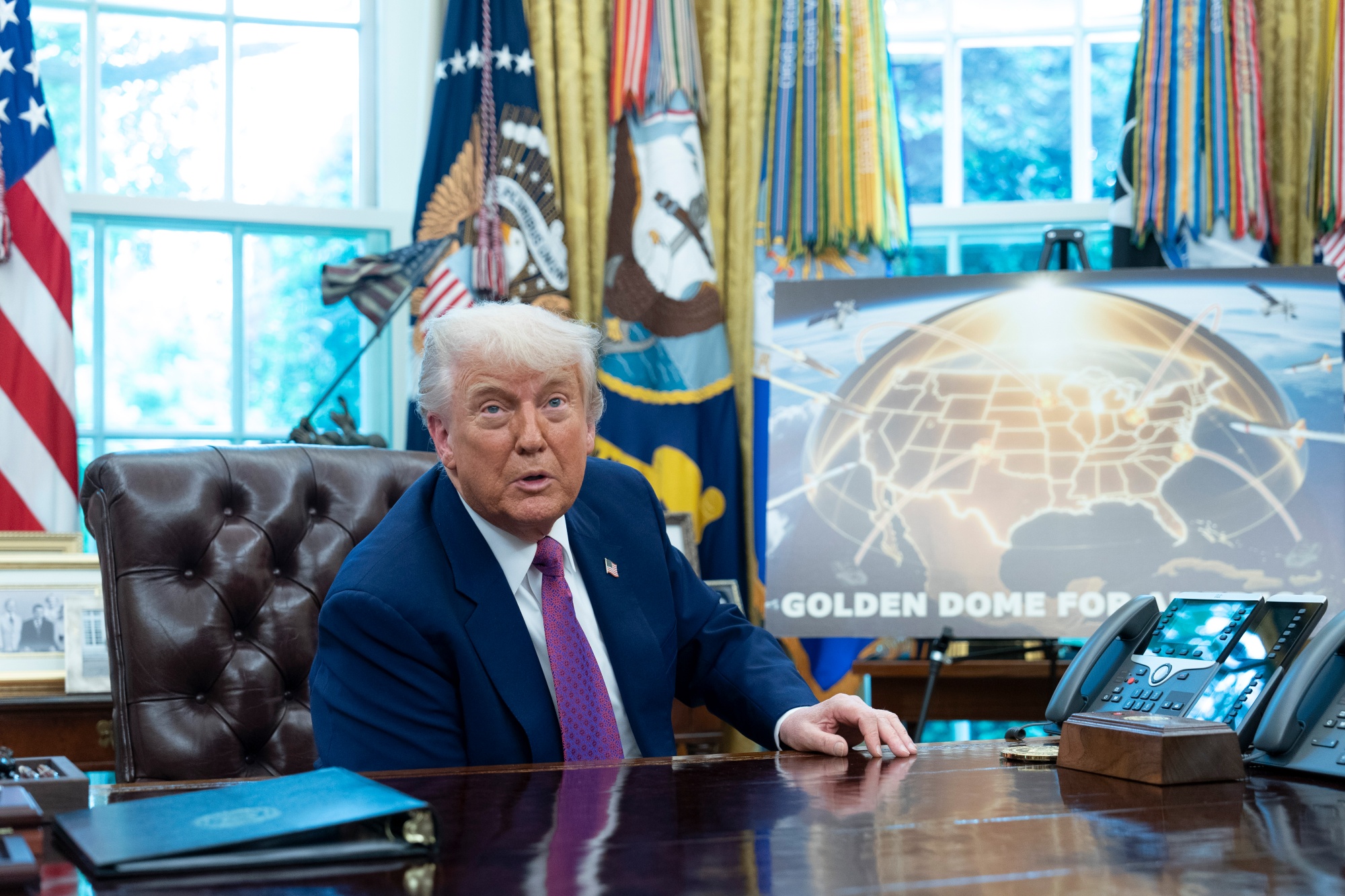 Donald Trump promotes his “Golden Dome” missile-defense shield project.