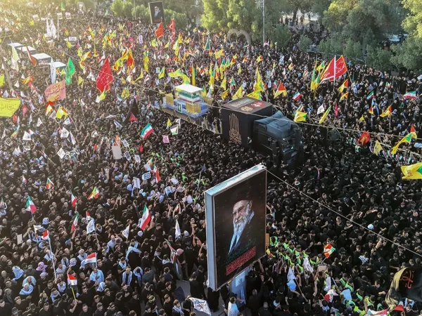 Mourners ahead of the burial of former Iranian Supreme Leader Ali Khamenei in Mashhad, Iran, on July 9.