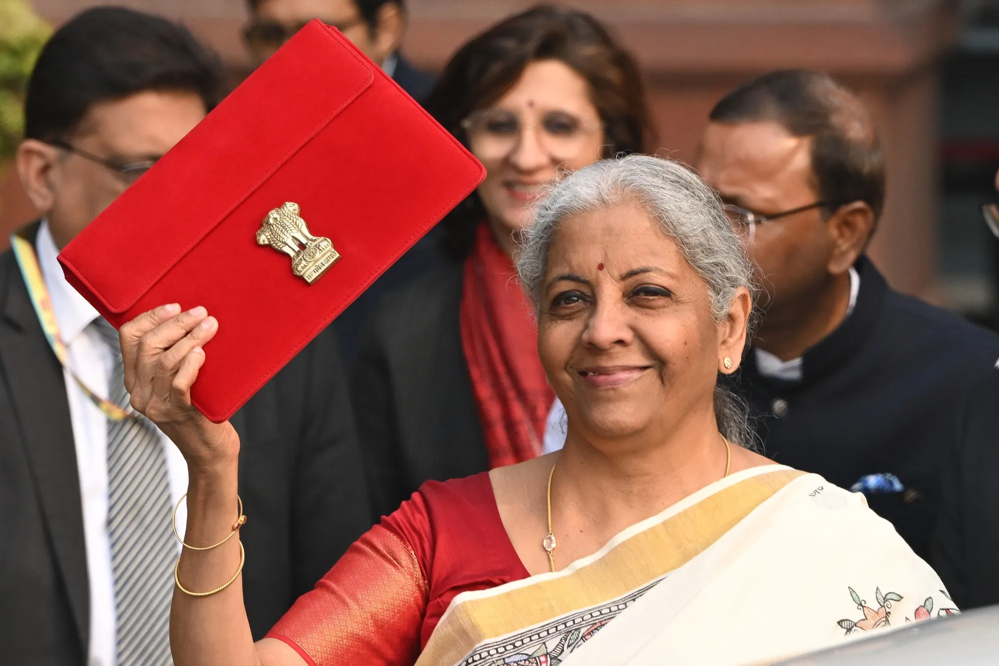 Nirmala Sitharaman, India’s finance minister, heading to present the budget in February last year.