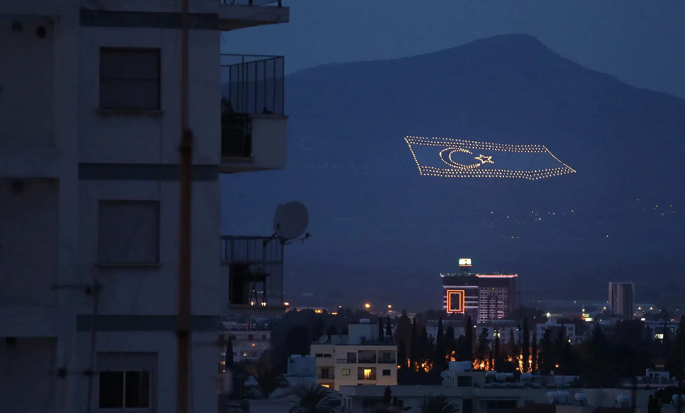 A massive Turkish flag is illuminated in Cyprus.