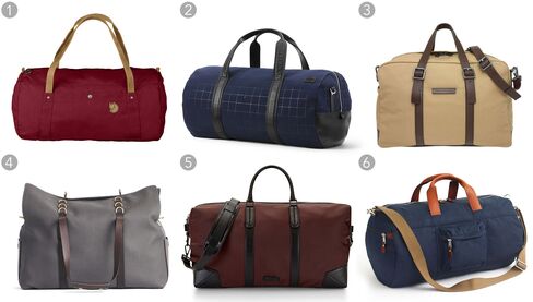 (1) Duffel No. 4 large, Fjallraven $170, fjallraven.com; (2) quilted tech nylon duffle, Jack Spade $328, jackspade.com; (3) classic canvas weekender, Marc by Marc Jacobs $428, marcjacobs.com; (4) M/S Supply bag, Mismo $632.42, mismo.dk; (5) Wythe weekender, Uri Minkoff $425, uriminkoff.com; (6) Harwick duffel bag, J.Crew $98, jcrew.com