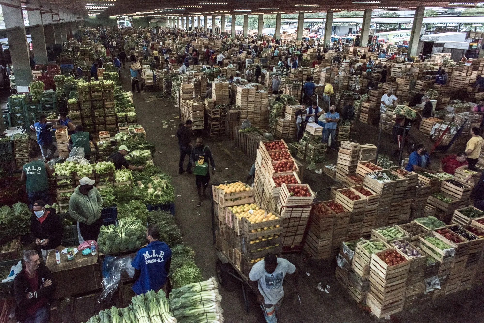 Workers move crates of fresh food at a market and distribution center in Rio de Janeiro.