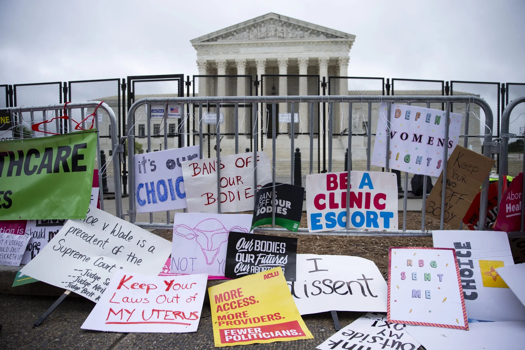 Posters outside of the Supreme Court building during a nationwide rally in support of abortion rights on May 14, 2022.