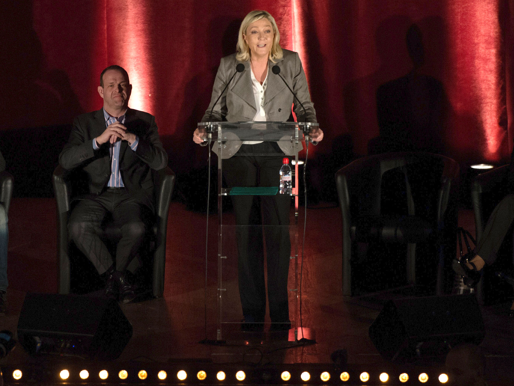 The head of France’s far-right National Front party Marine Le Pen delivers a speech ahead of the second round of local elections on March 25, 2015.
