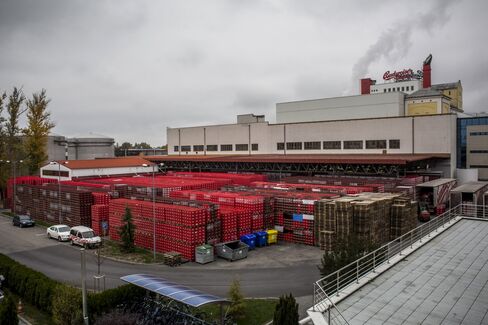 Crates of Budweiser Budvar beer sit at the Budejovicky Budvar plant