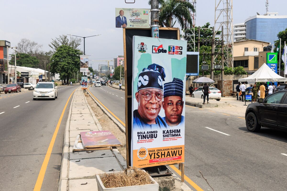 An election poster for Nigerian President-elect Bola Tinubu and his running mate Kashim Shettima in Lagos on Feb. 6. 