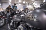 The Harley-Davidson Inc. logo is seen on the fuel tank of a motorcycle on display at the Oakland Harley-Davidson dealership in Oakland, California, U.S.