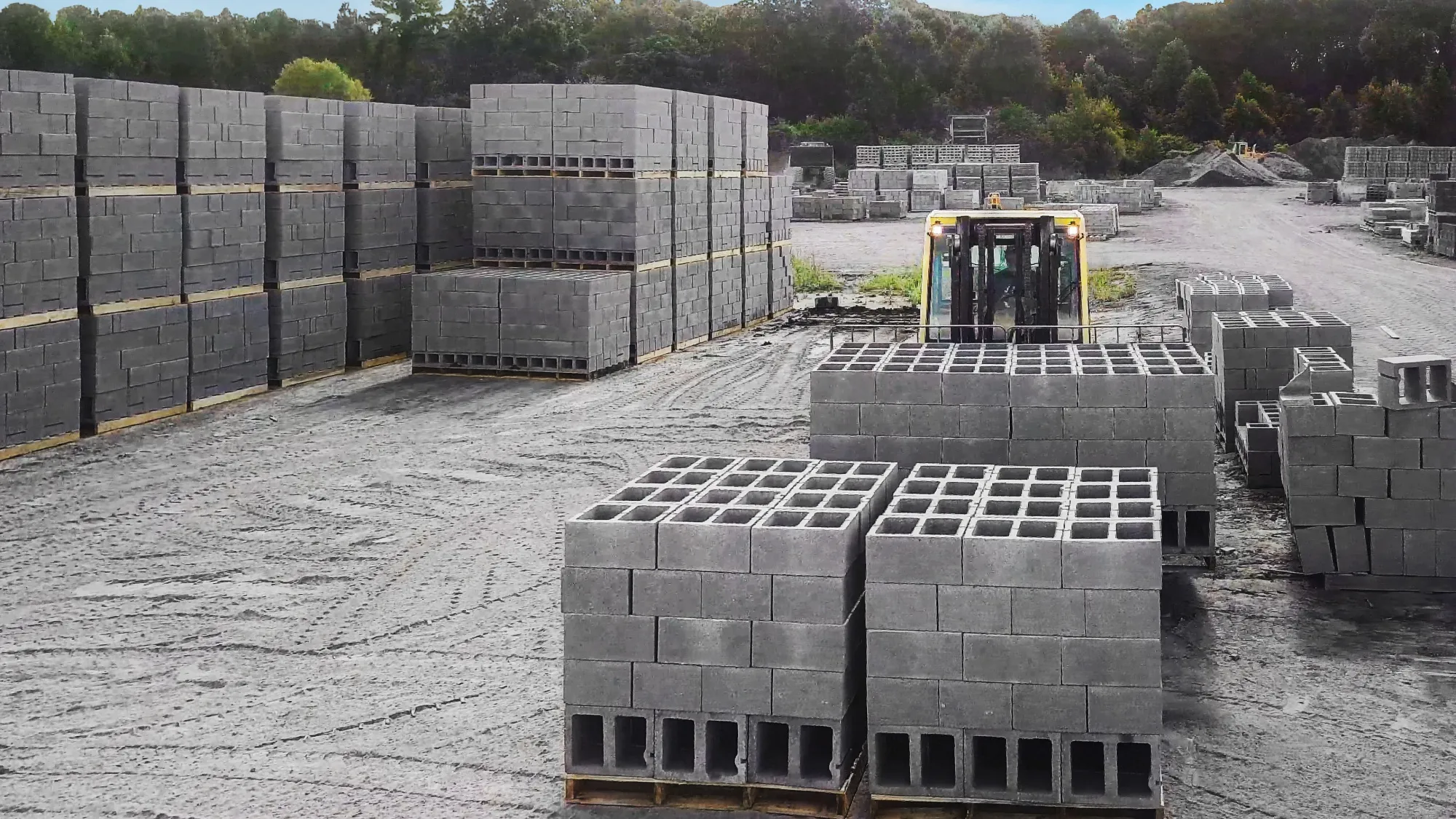 Ultra-low carbon concrete blocks are lined up in stacks at Blair Block in Childersburg, Alabama, awaiting customer delivery.