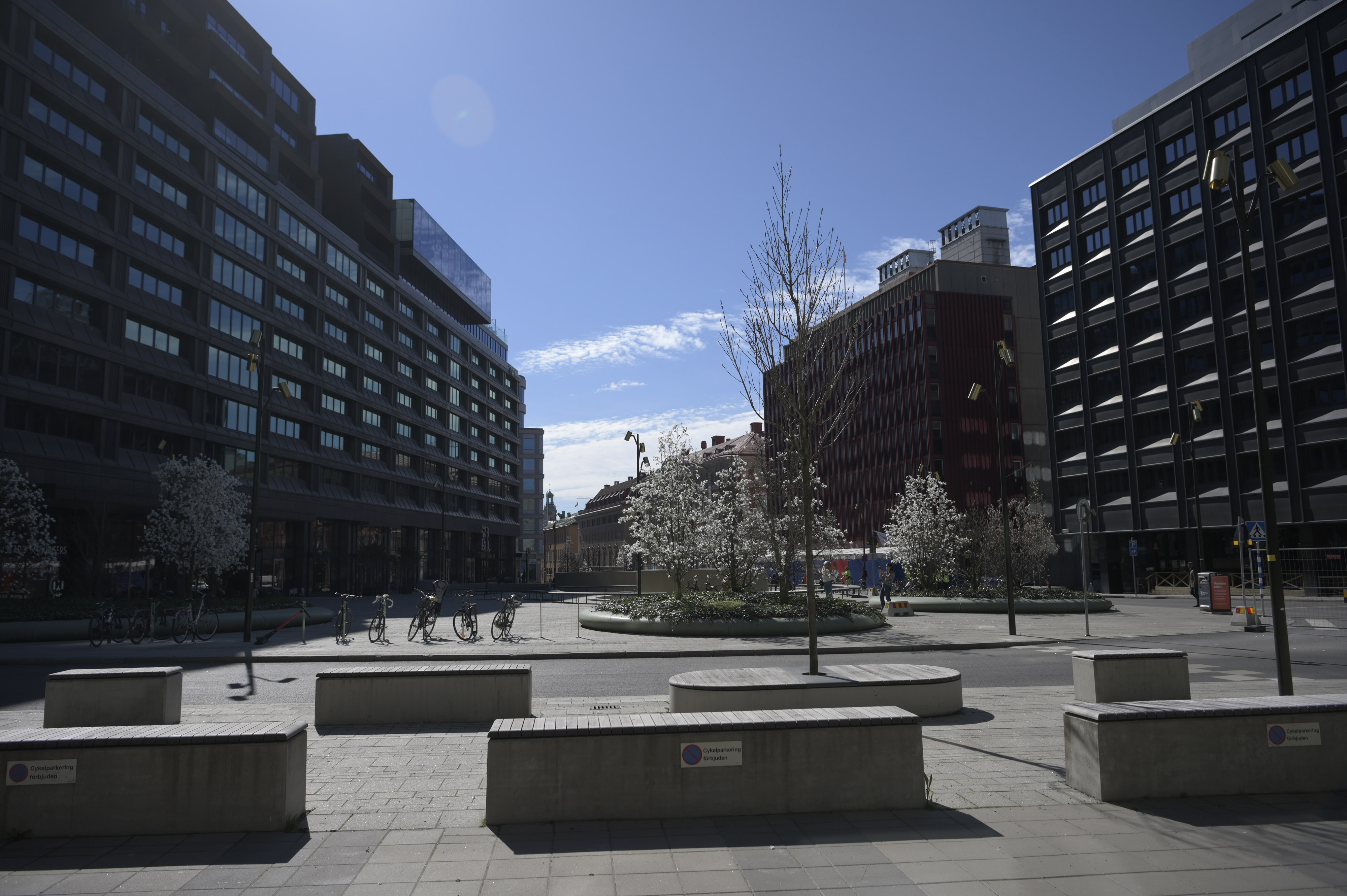 The Brunkebergstorg stands deserted in view of the Sveriges Riksbank in Stockholm.