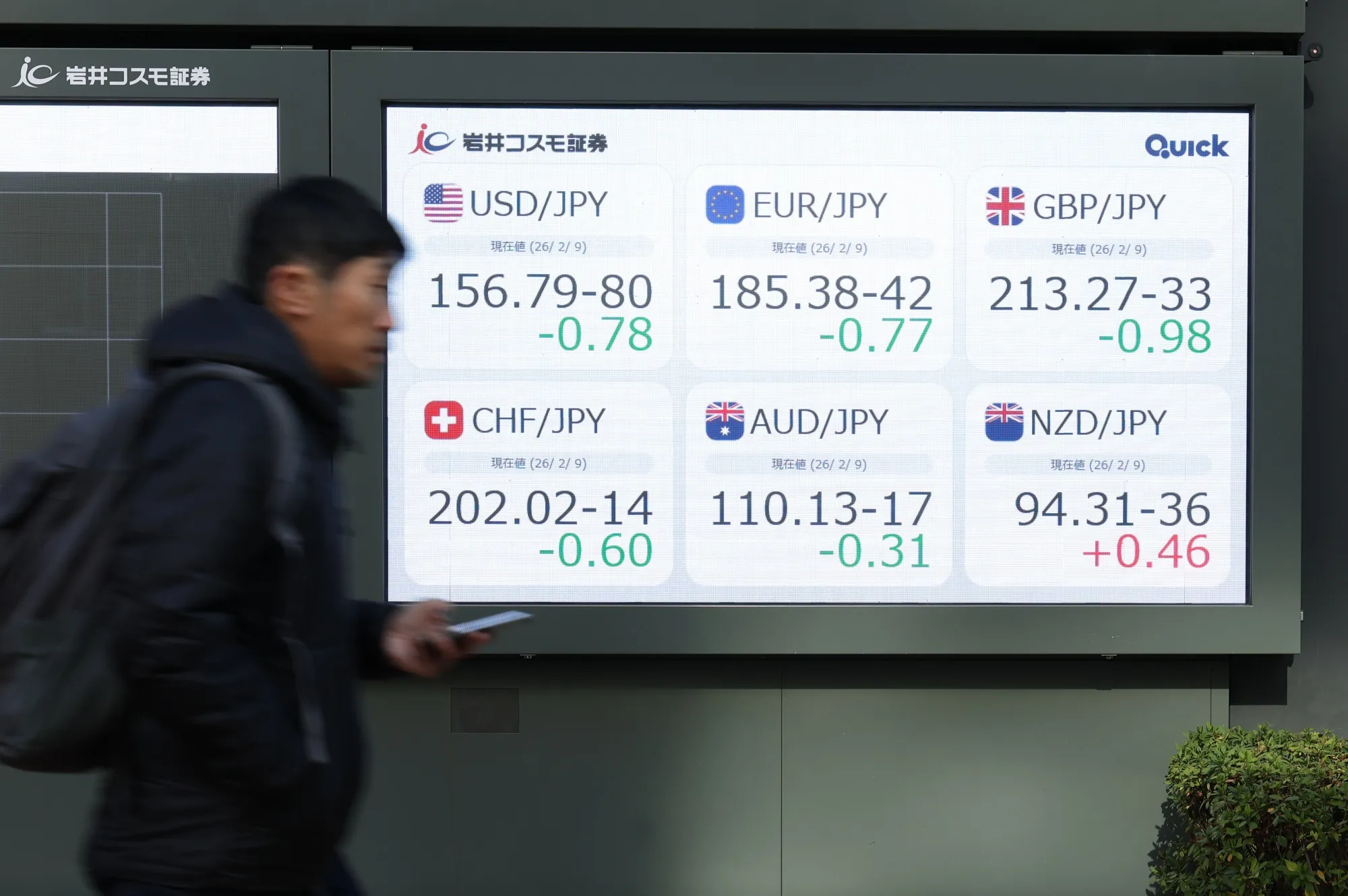 証券会社の外に表示された円の対各国通貨レート（2月9日、東京）