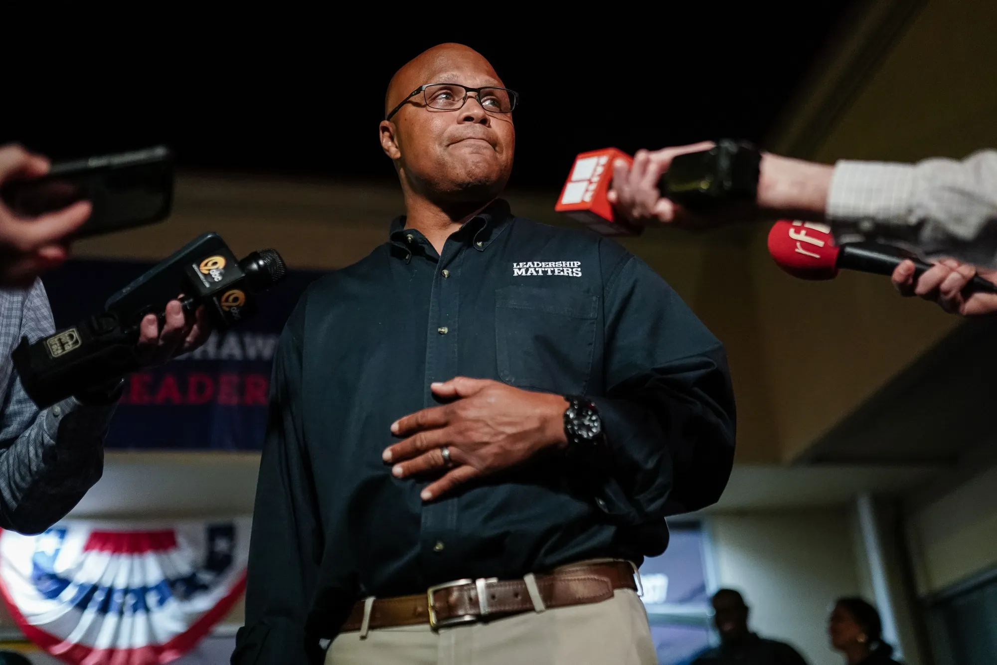 Shawn Harris speaks to members of the media during a special election watch party in Rome, Georgia, on March 10.