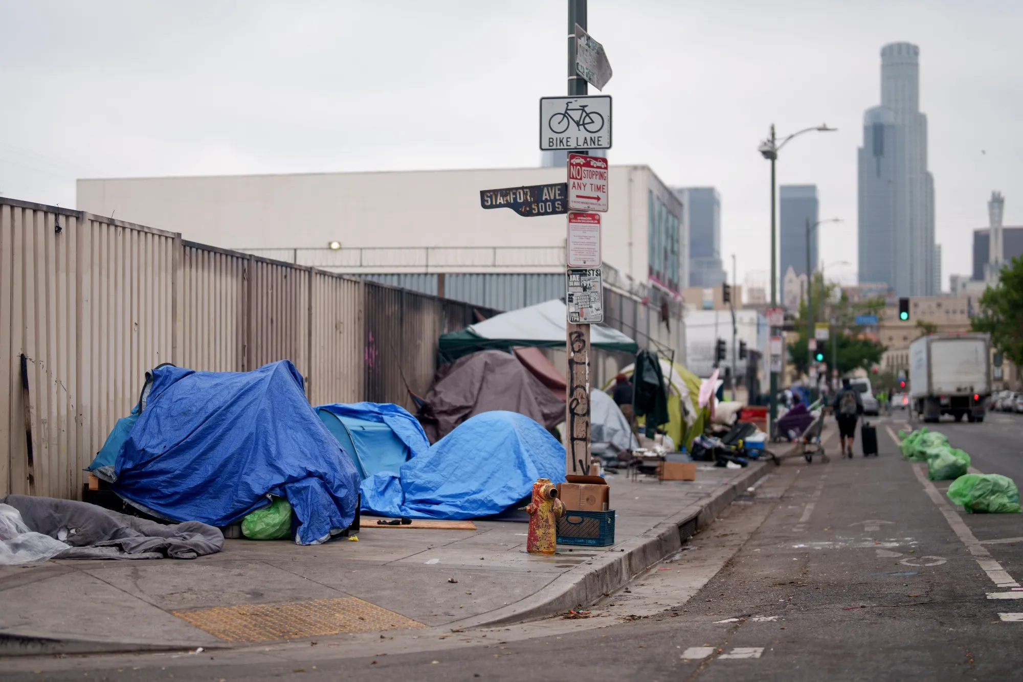 Makeshift shelters on a sidewalk in Los Angeles on May 29.