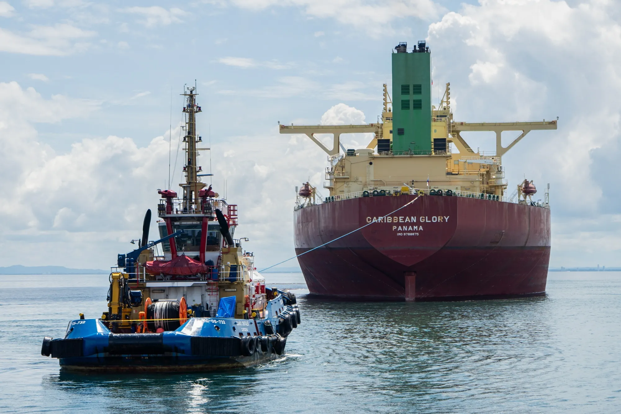 The Cano Cristales Cartagena tug guides the Caribbean Glory crude oil tanker near Covenas Port in Colombia.