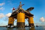 Royal Dutch Shell's Olympus tension leg platform sailing from Ingleside, Tex., to the Gulf of Mexico