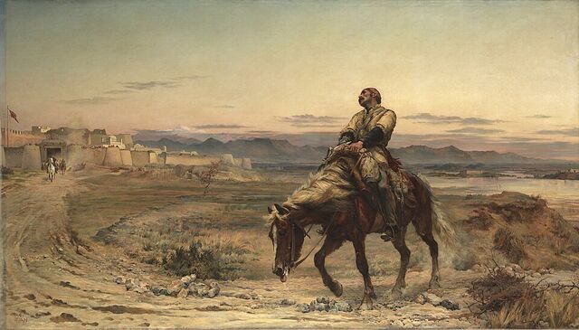 Painting portraying the arrival in Jalalabad of William Brydon, sole survivor of a 16,500 strong evacuation from Kabul in Jan. 1842