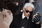 Karl Lagerfeld with a photo of his cat, Choupette.